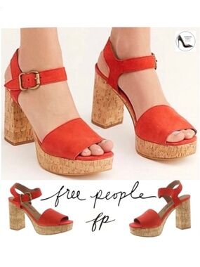 Free People Brooke Black Suede Cork Platform Sandals Block Heel Ankle Strap 38